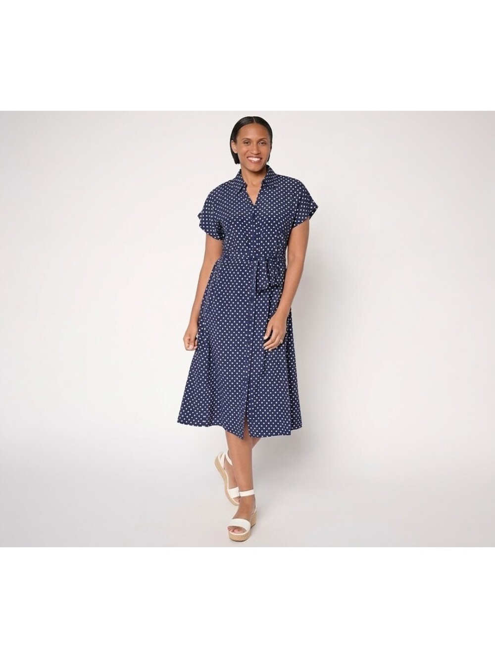 Dennis Basso Regular Printed Cap Sleeve Button Front Shirt Dress Navy, Small
